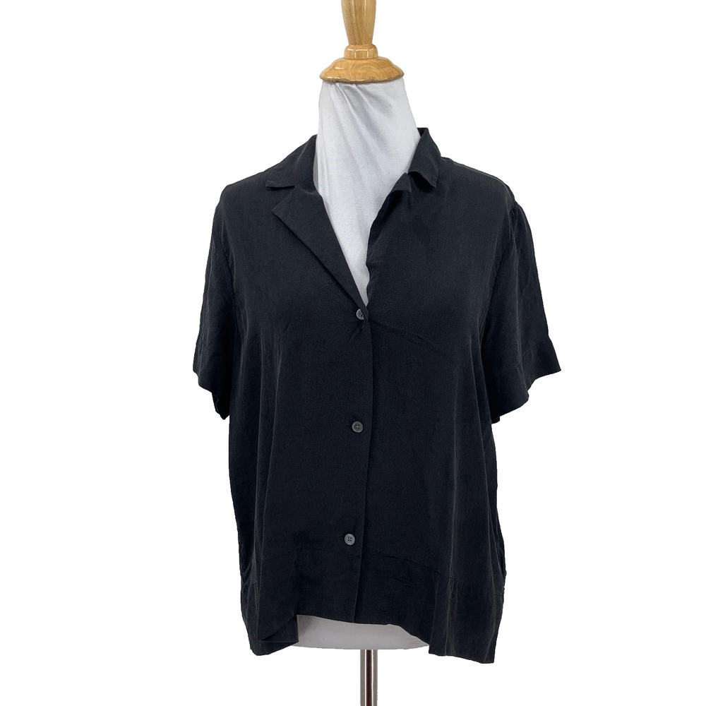 Everlane Shirt Womens 8 Black Silk Notch Collar Button Up Short Sleeve Thin